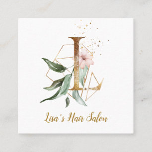 Letter L with Gold Geometric Design and Flowers Square Business Card