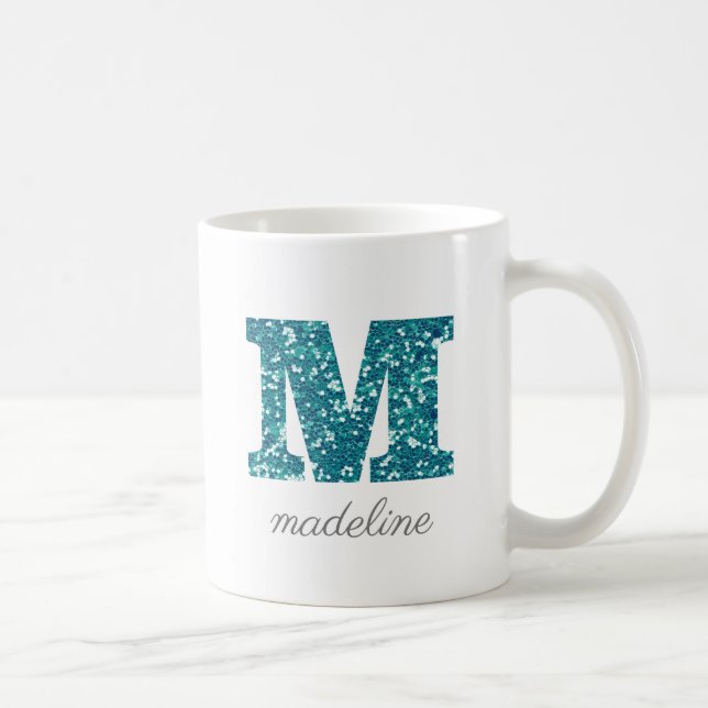 Letter M Aqua Blue Glitter Personalised Mug (Right)