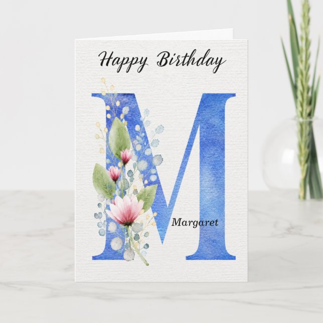 Letter M Birthday Custom Name Her Blue Monogram Card (Front)