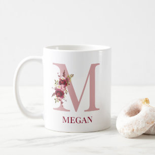 Letter M Burgundy Blush Floral Coffee Mug