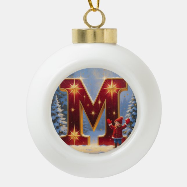 Letter M Christmas Mittens Personalized Initial Ceramic Ball Christmas Ornament (Front)