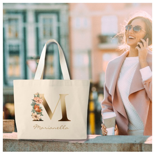 Letter M Elegant Floral Gold Monogram Large Tote Bag (Creator Uploaded)