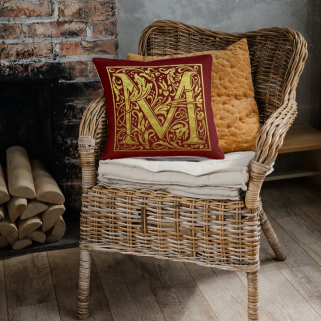 Letter M First Letter Faux Gold Red Cushion (Creator Uploaded)
