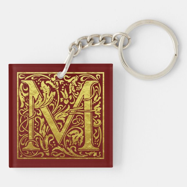 Letter M First Letter Faux Gold Red Key Ring (Back)