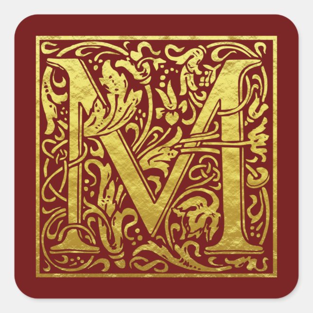 Letter M First Letter Faux Gold Red Square Sticker (Front)
