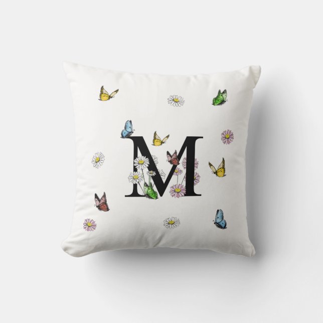 Letter M Floral Butterfly Monogram Initial  Cushion (Front)