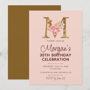 Letter M Gold Monogram Blush Pink Roses Invitation