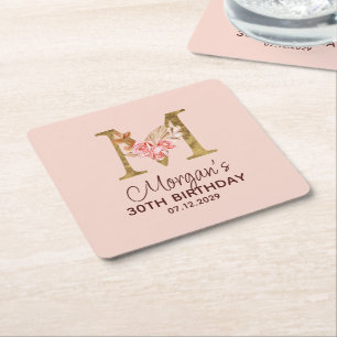 Letter M Gold Monogram Blush Pink Roses Square Paper Coaster