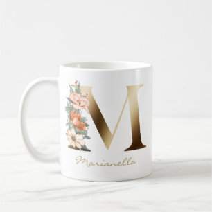 Letter M Gold Monogram Burnt Orange Florals Coffee Mug