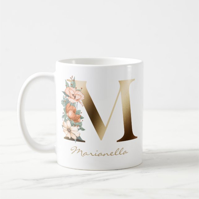 Letter M Gold Monogram Burnt Orange Florals Coffee Mug (Left)