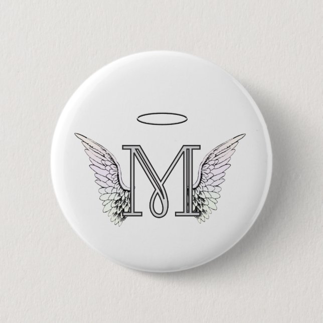 Letter M Initial Monogram with Angel Wings & Halo 6 Cm Round Badge (Front)