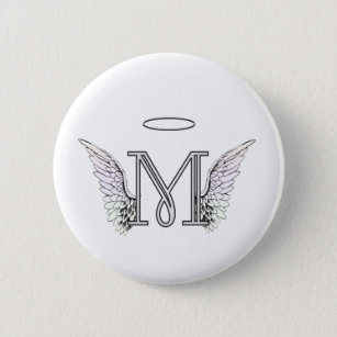 Letter M Initial Monogram with Angel Wings & Halo 6 Cm Round Badge