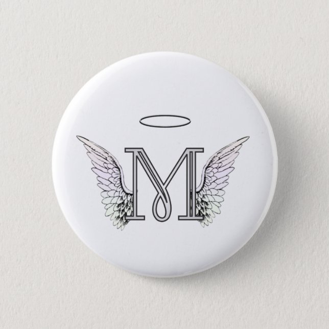 Letter M Initial Monogram with Angel Wings & Halo 6 Cm Round Badge (Front)