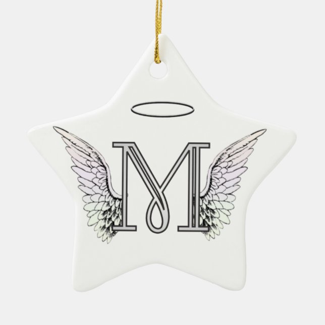 Letter M Initial Monogram with Angel Wings & Halo Ceramic Ornament (Front)