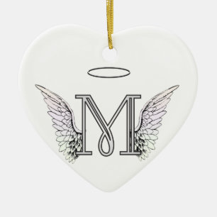 Letter M Initial Monogram with Angel Wings & Halo Ceramic Ornament