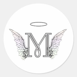 Letter M Initial Monogram with Angel Wings & Halo Classic Round Sticker