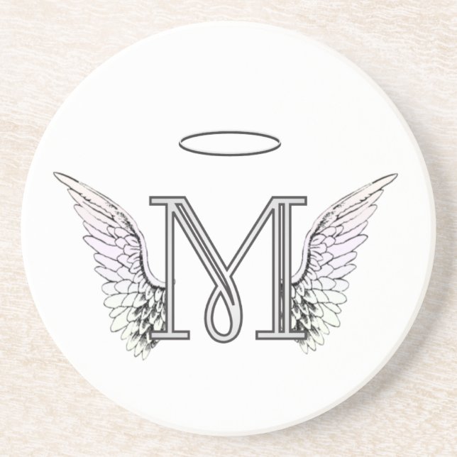 Letter M Initial Monogram with Angel Wings & Halo Coaster (Front)