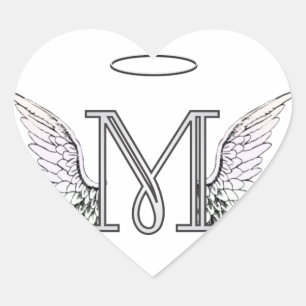 Letter M Initial Monogram with Angel Wings & Halo Heart Sticker