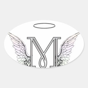 Letter M Initial Monogram with Angel Wings & Halo Oval Sticker