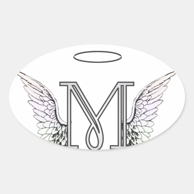 Letter M Initial Monogram with Angel Wings & Halo Oval Sticker (Front)
