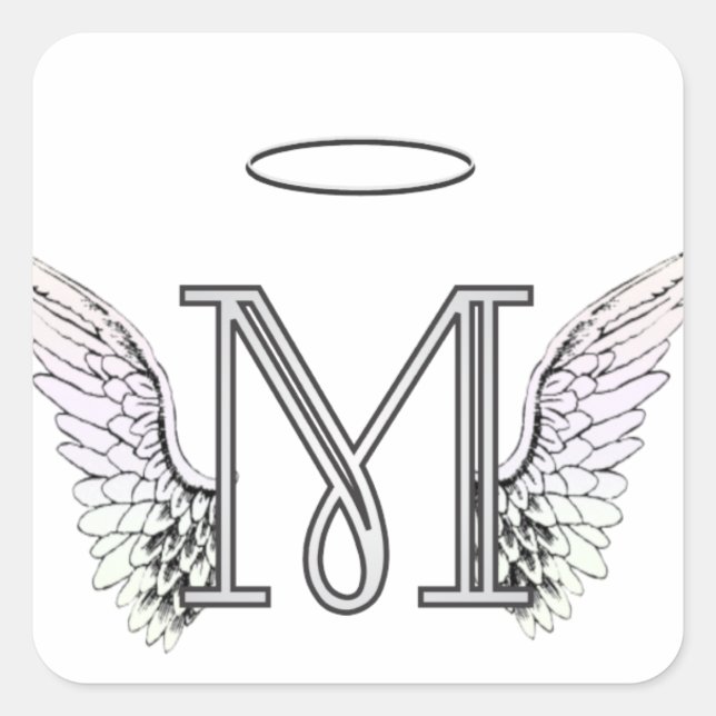 Letter M Initial Monogram with Angel Wings & Halo Square Sticker (Front)