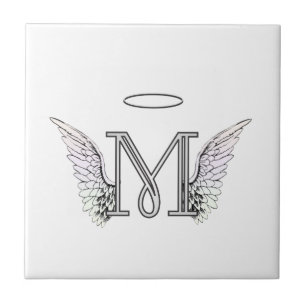 Letter M Initial Monogram with Angel Wings & Halo Tile