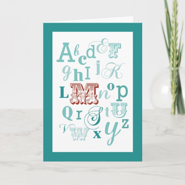 Letter M Initial Name Alphabet Birthday Teal & Red Card (Front)