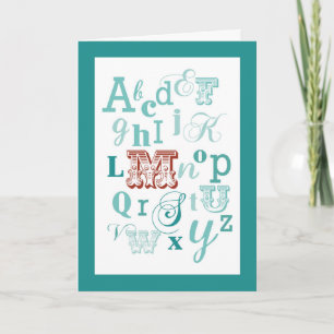 Letter M Initial Name Alphabet Birthday Teal & Red Card
