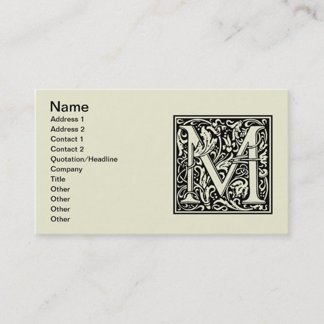 Letter M Mediaeval Monogram Art Nouveau Business Card (Front)