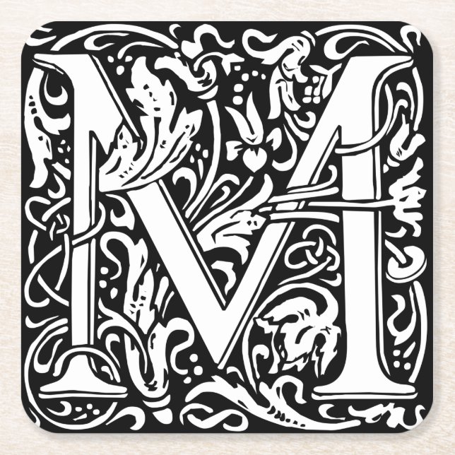 Letter M Mediaeval Monogram Art Nouveau Square Paper Coaster (Front)