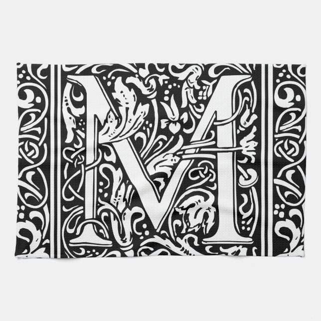 Letter M Mediaeval Monogram Art Nouveau Tea Towel (Horizontal)