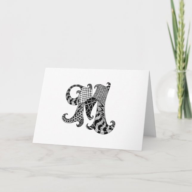Letter M Monogram in Black and White Note Card (Front)