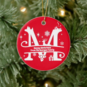 Letter M Monogram Initial Family Name Greeting Ceramic Ornament