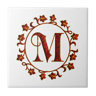 Letter M Monogram Red Leaves Ceramic Tile