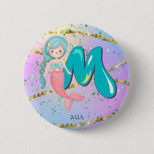 Letter M Monogram Watercolor Cute Mermaid Nursery 6 Cm Round Badge