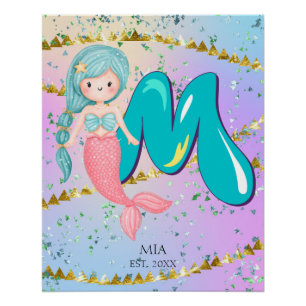 Letter M Monogram Watercolor Cute Mermaid Nursery Poster