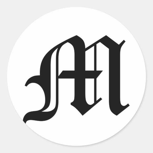 Letter M Old English Text on White Background Classic Round Sticker (Front)