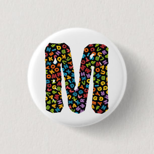 Letter M Ornamented With the Alphabet 3 Cm Round Badge