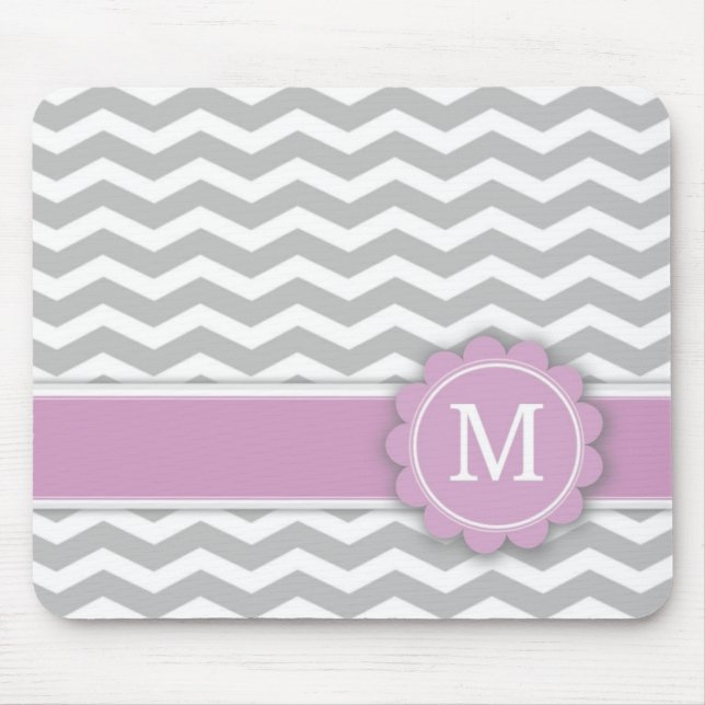 Letter M Pink Monogram Grey Chevron Mouse Pad (Front)