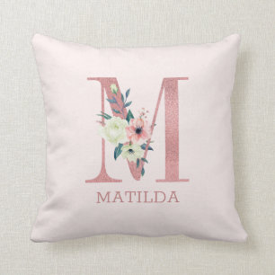 Letter M Pink Watercolor Floral Monogram Nursery Cushion