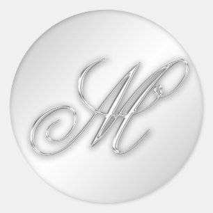 Letter M script initial faux silver monogram favou Classic Round Sticker