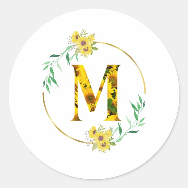 Letter M Sunflower pattern  Classic Round Sticker (Front)