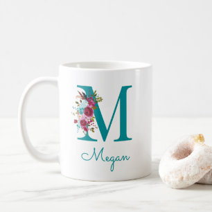 Letter M Teal Pink Floral Coffee Mug