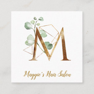 Letter M with Gold Geometric Design and Flowers Square Business Card