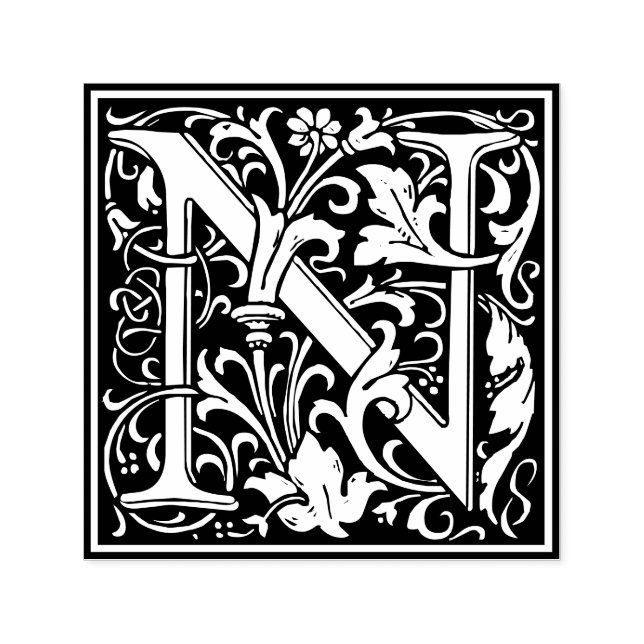 Letter N art nouveau black and white Tile  Self-inking Stamp (Design)