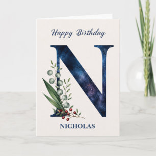 Letter N Birthday for Him Personalised Name Blue Card