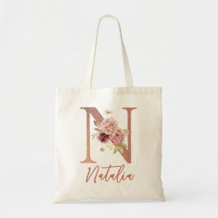Letter N Blush pink Glitter Floral Monogram  Tote Bag
