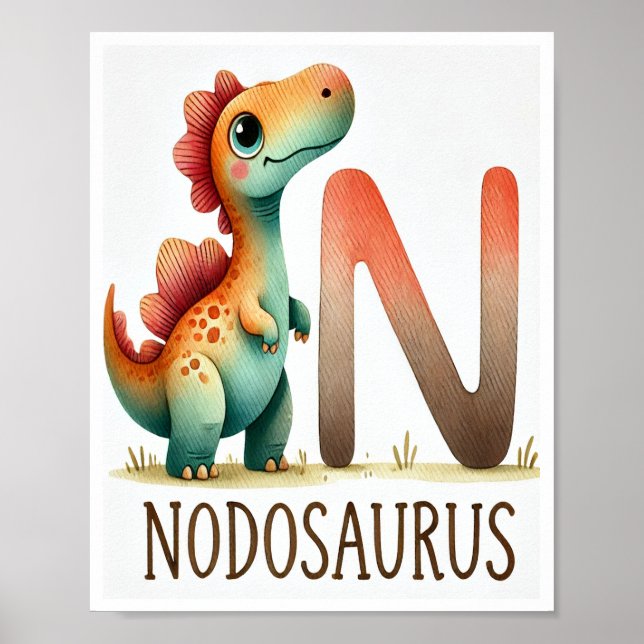 Letter N, Dinosaur Alphabet Watercolor Poster  (Front)