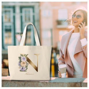 Letter N Elegant Floral Gold Monogram Large Tote Bag