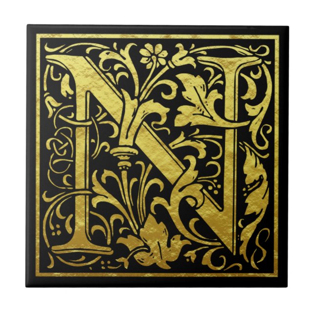 Letter N First Letter Faux Gold Black Ceramic Tile (Front)